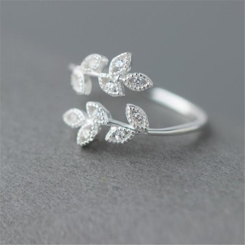 Elegant Sterling Silver Leaf Diamond Ring – Adjustable Nature-Inspired Fashion Jewelry