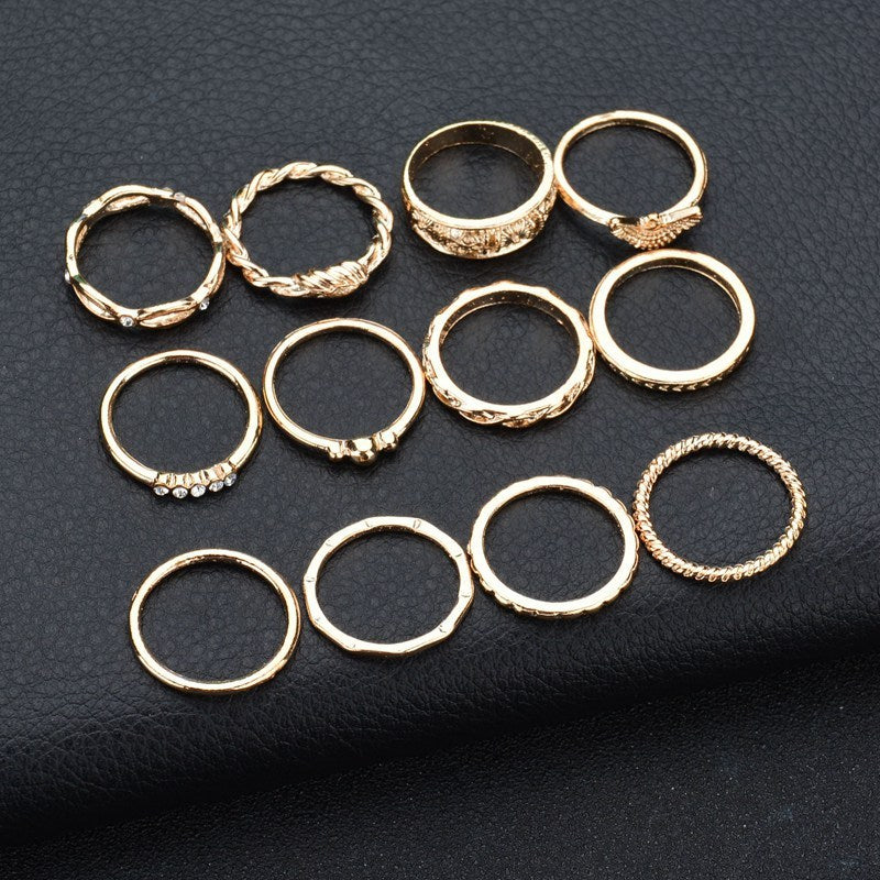 Glam 12-Piece European Ring Set – Diamond-Inspired Gold Joint Rings for Women