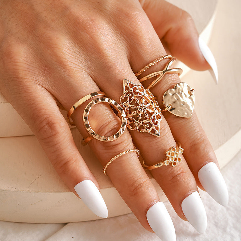 Vintage Lotus & Snake Ring Set – 8-Piece Stackable Silver Alloy Bands