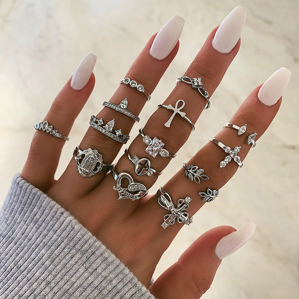 Vintage Lotus & Snake Ring Set – 8-Piece Stackable Silver Alloy Bands