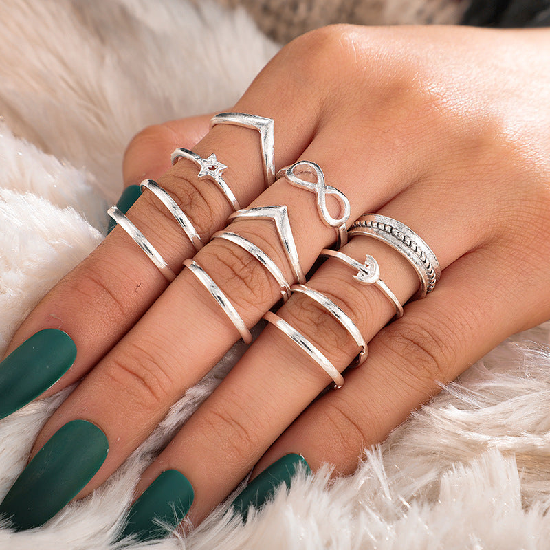 Vintage Lotus & Snake Ring Set – 8-Piece Stackable Silver Alloy Bands