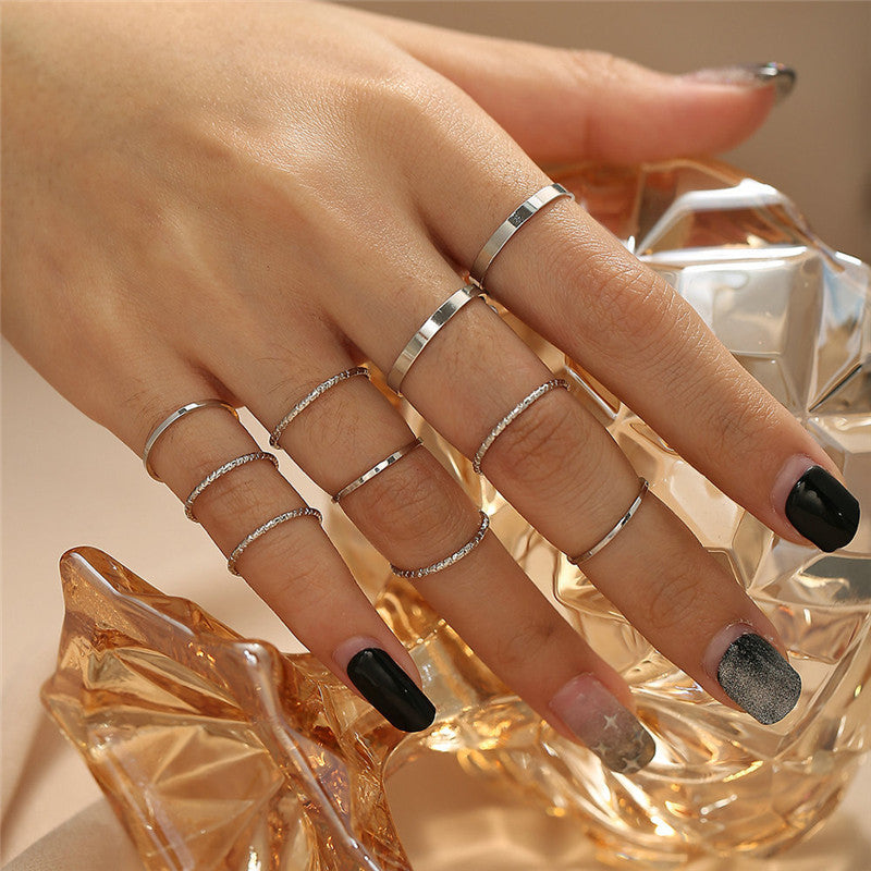 Boho Silver Ring Set – 10-Piece Adjustable Knuckle Rings (Unisex)
