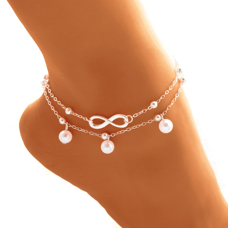 Double-Layer Pearl Anklet β Gold & Silver Drop Design