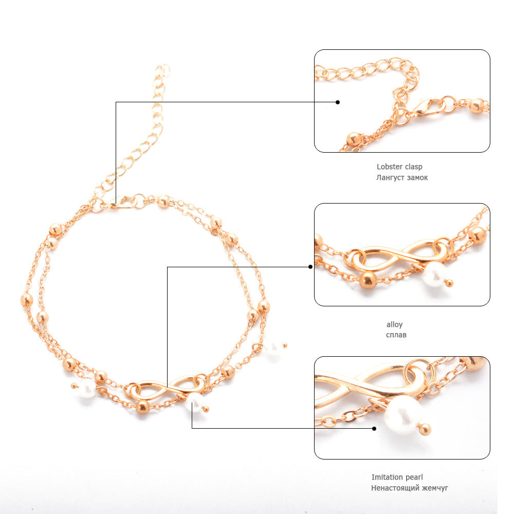 Double-Layer Pearl Anklet β Gold & Silver Drop Design