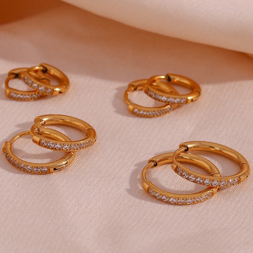 Minimalist Zircon Hoop Earrings – Stainless Steel Rounded Design for Women