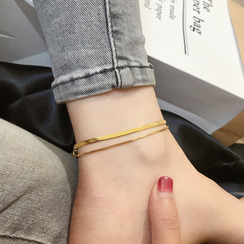 18K Gold Double Chain Anklet – Titanium Snake Bone Style