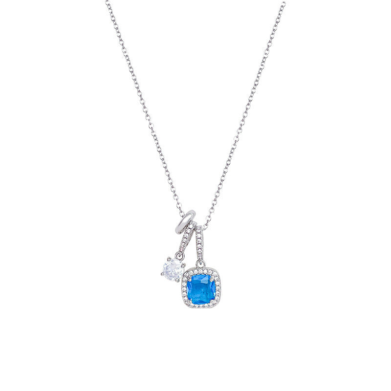 Shiny Blue Zircon Cube Pendant β Elegant Silver Clavicle Necklace for Women