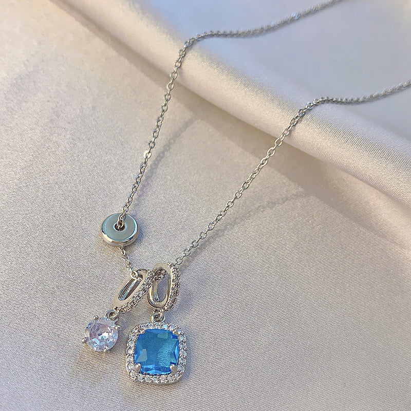 Shiny Blue Zircon Cube Pendant β Elegant Silver Clavicle Necklace for Women