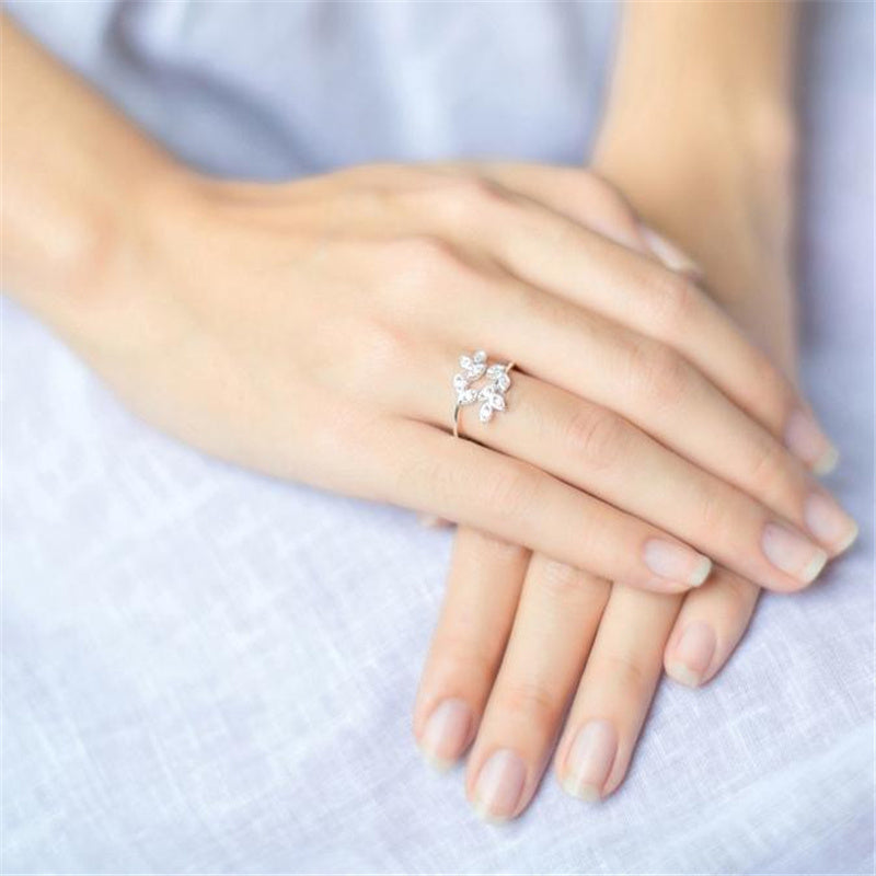 Elegant Sterling Silver Leaf Diamond Ring – Adjustable Nature-Inspired Fashion Jewelry