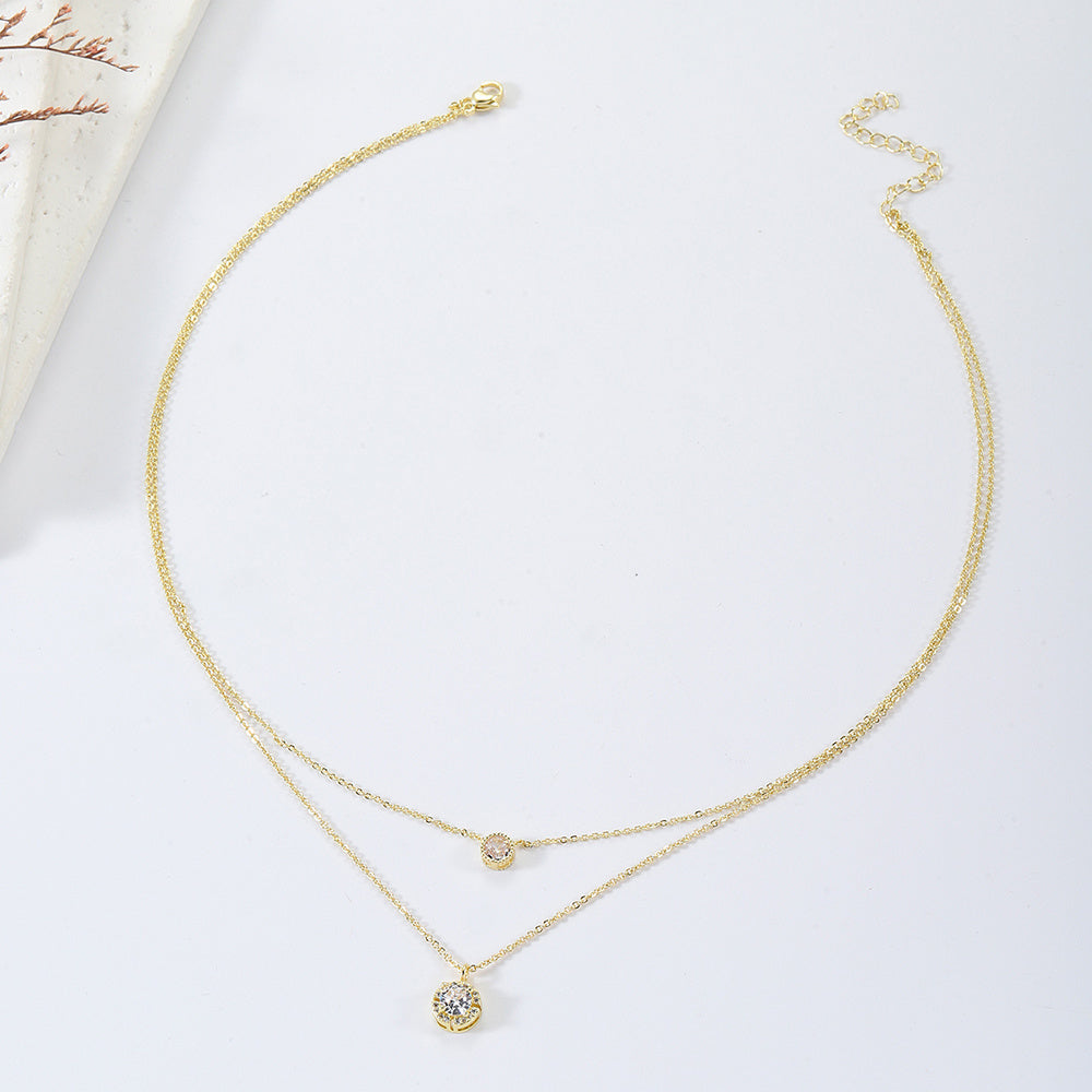 Sparkling Double-Layer Zircon Pendant Necklace – Elegant Gold & Silver Chain for Women