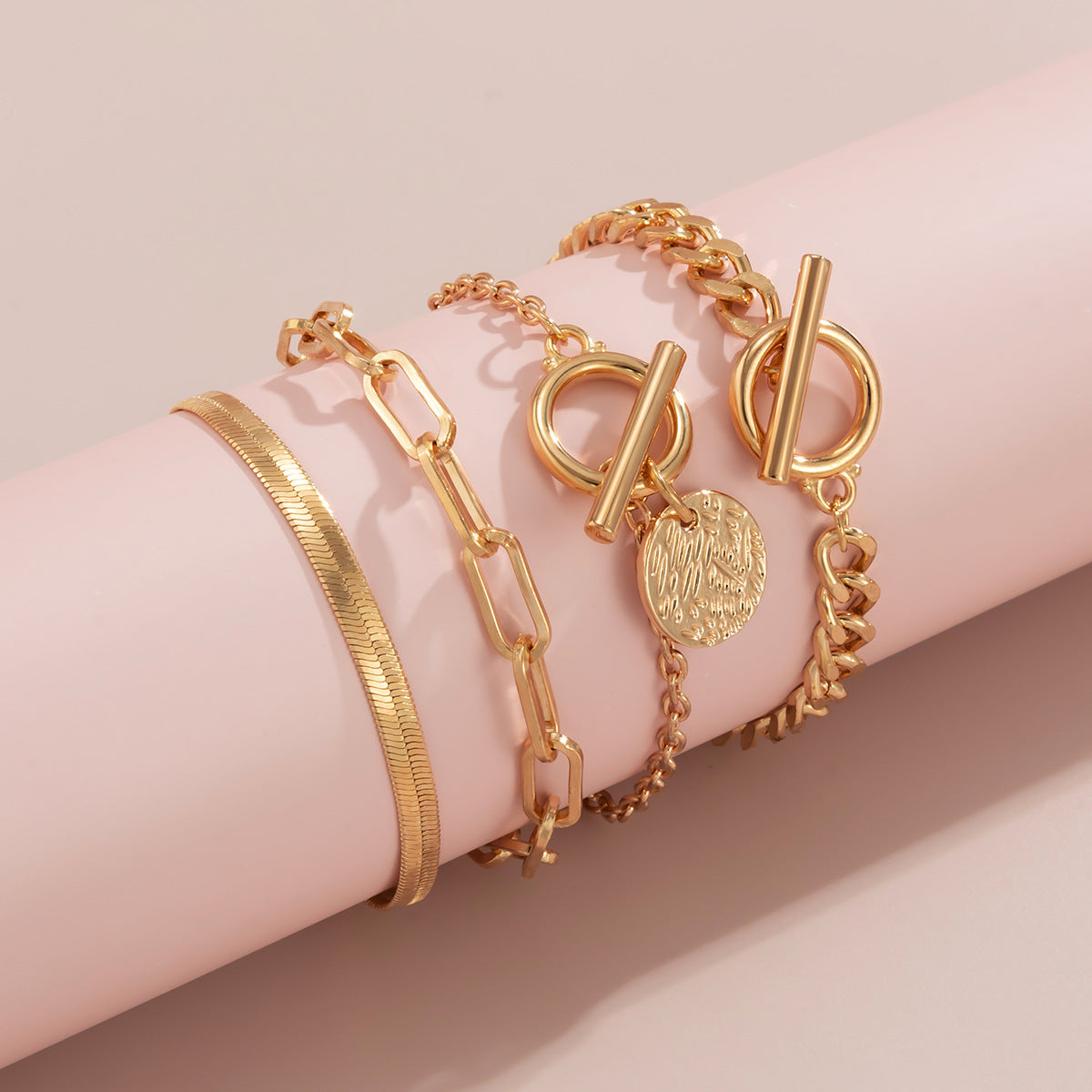 Stacked Gold & Silver Chain Bracelet Set – 4-Piece Hollow Snake Bone Design