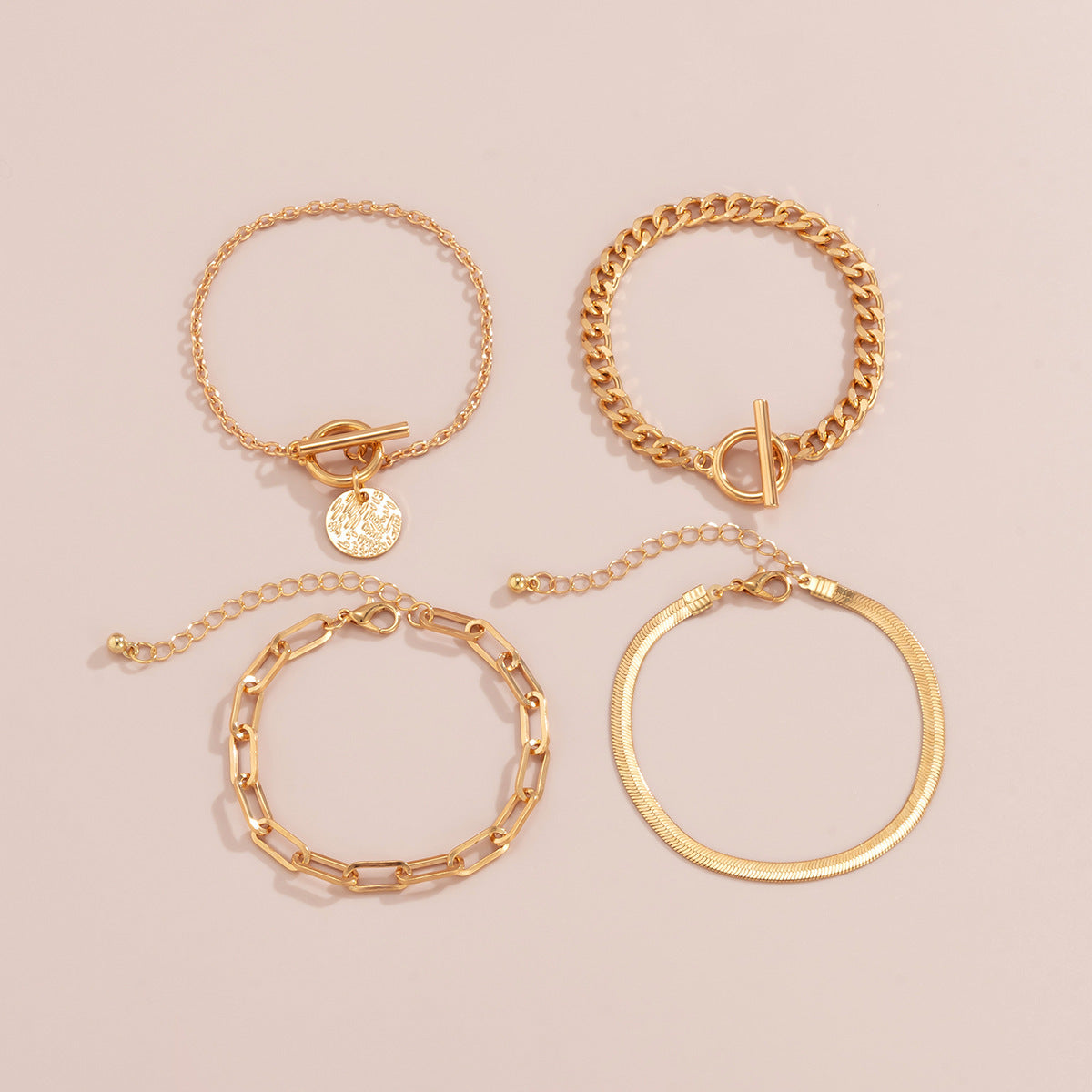 Stacked Gold & Silver Chain Bracelet Set – 4-Piece Hollow Snake Bone Design