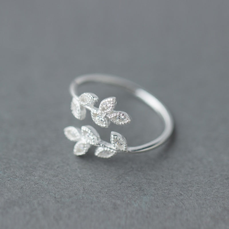 Elegant Sterling Silver Leaf Diamond Ring – Adjustable Nature-Inspired Fashion Jewelry