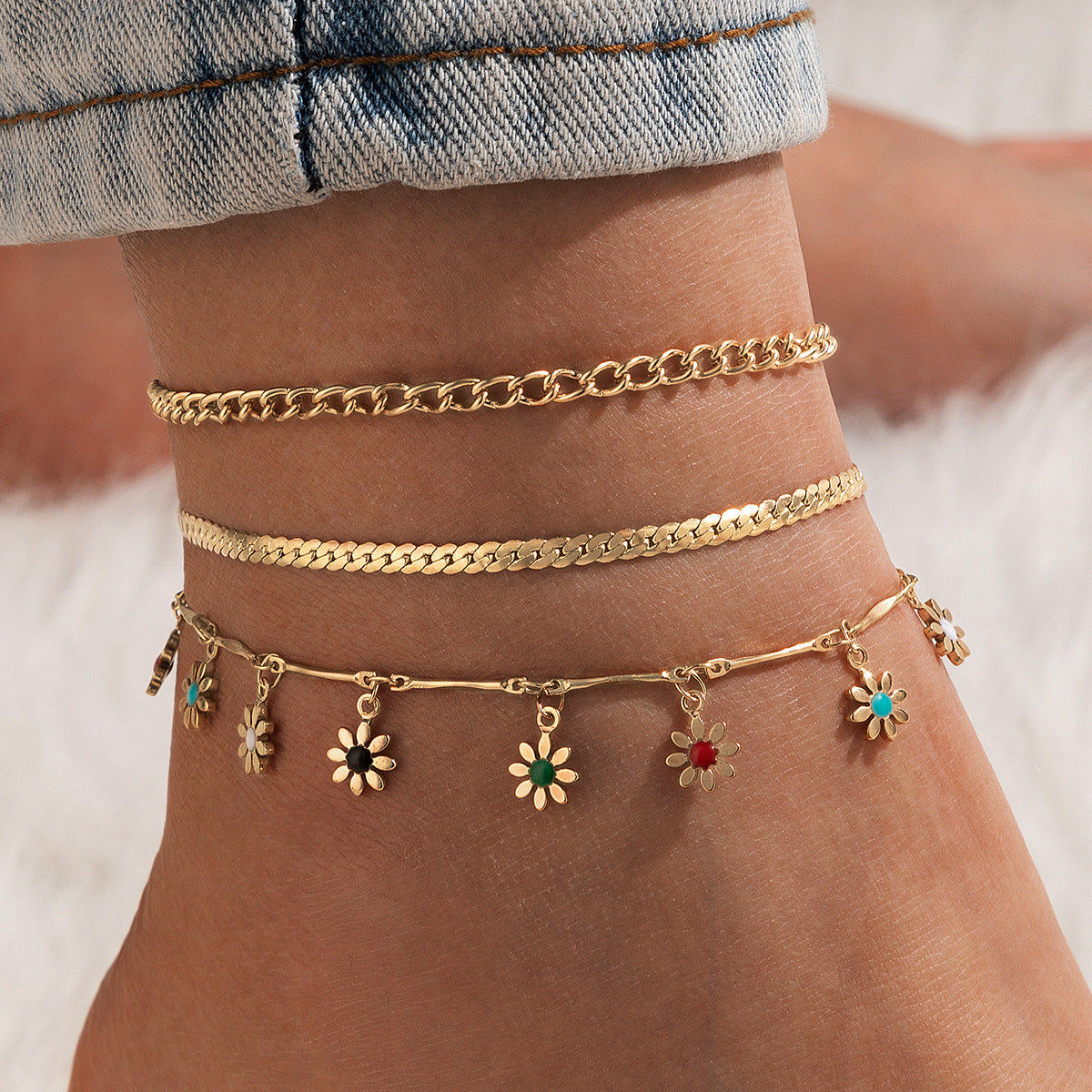 Colorful Flower Anklet with Tassel