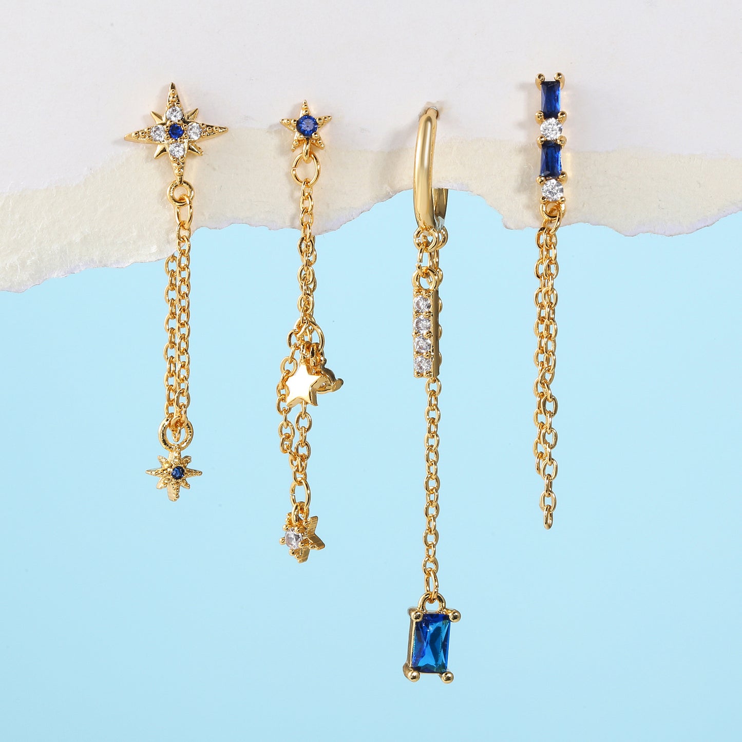 Starry Elegance β 4-Piece Gold-Inlaid Chain Earrings Set