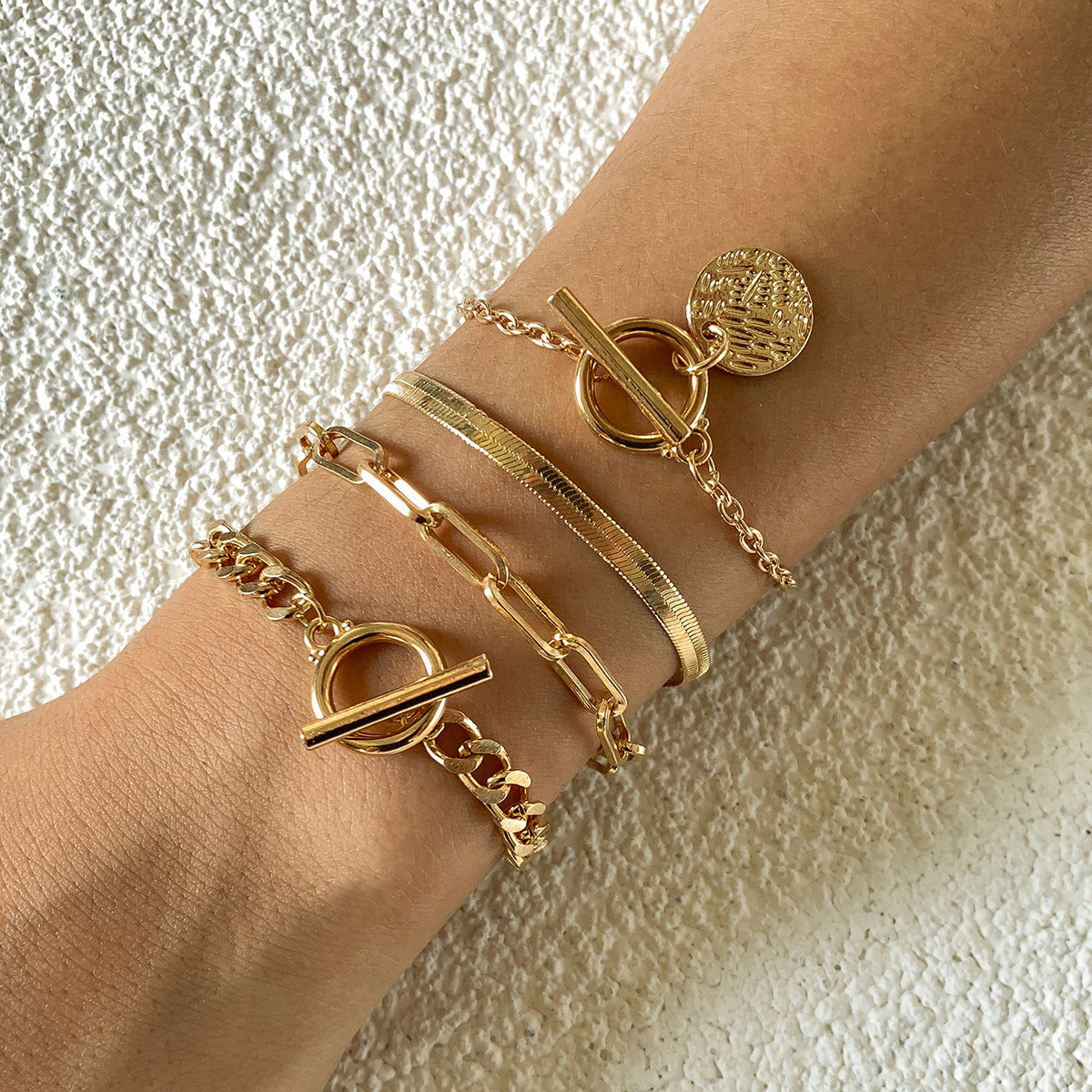 Stacked Gold & Silver Chain Bracelet Set – 4-Piece Hollow Snake Bone Design