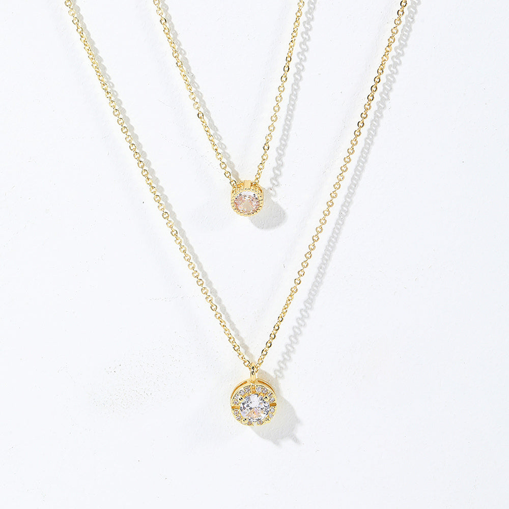Sparkling Double-Layer Zircon Pendant Necklace – Elegant Gold & Silver Chain for Women