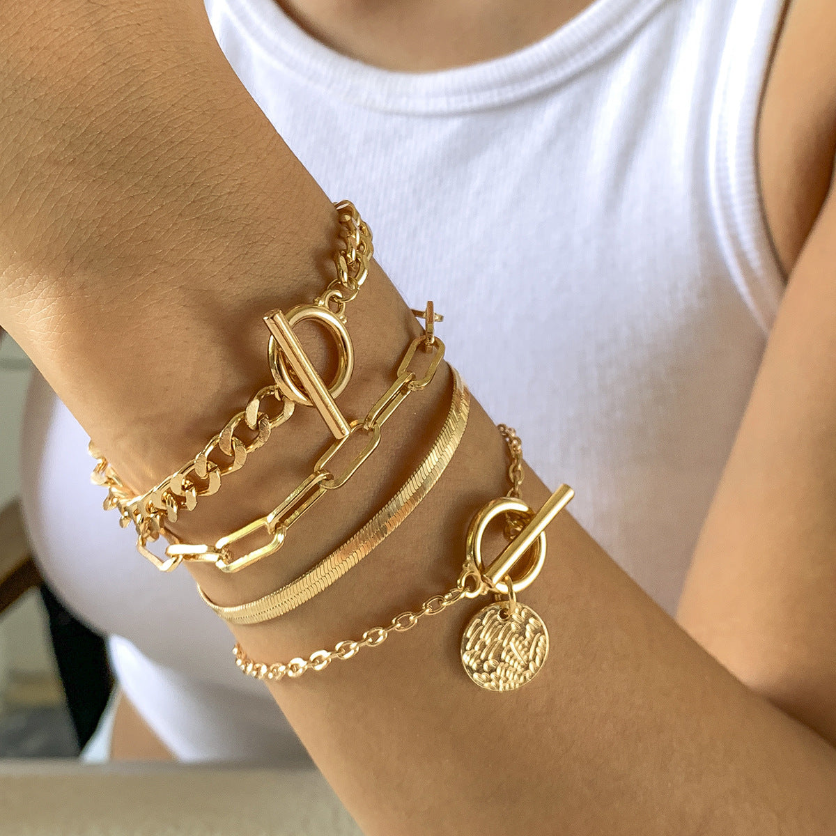 Stacked Gold & Silver Chain Bracelet Set – 4-Piece Hollow Snake Bone Design