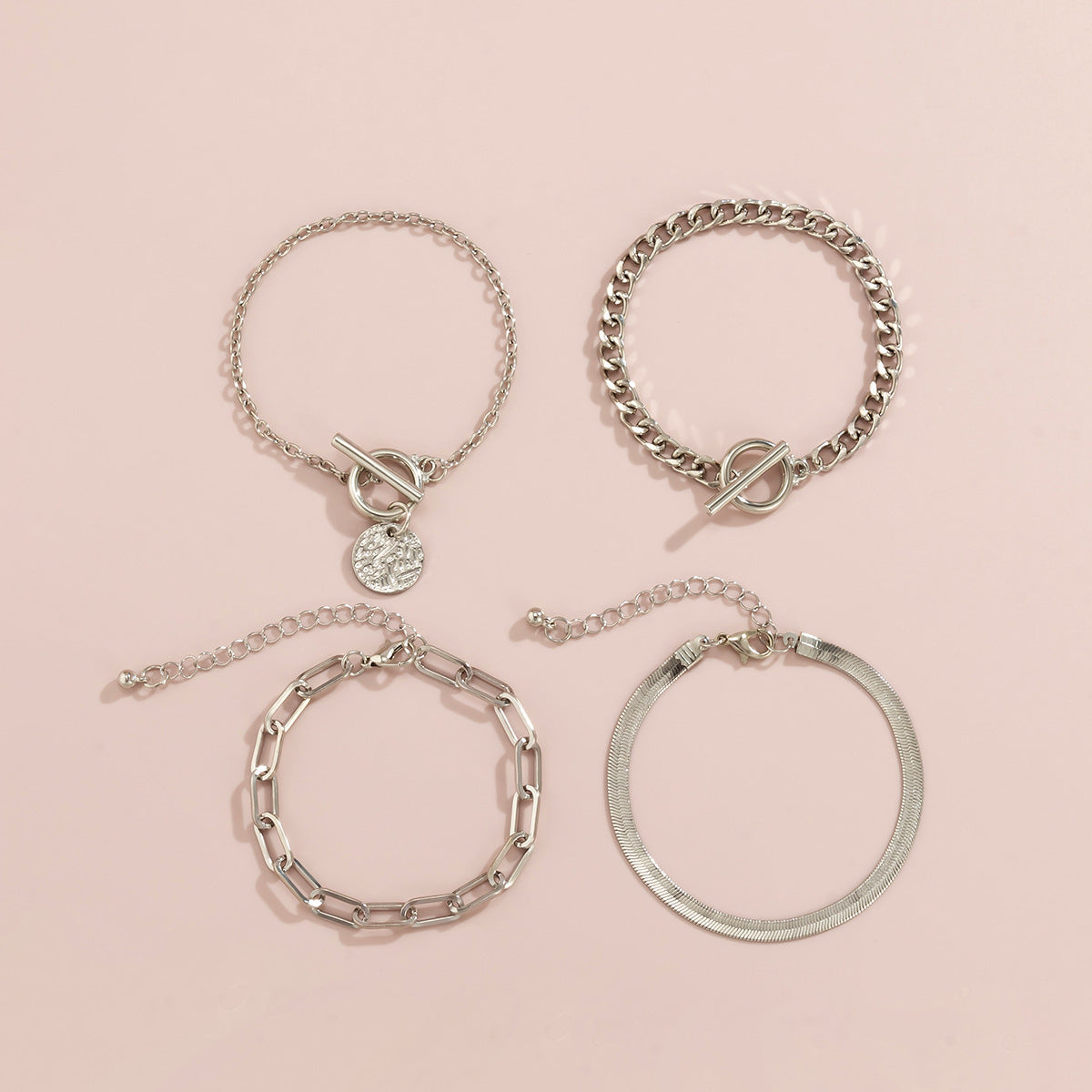 Stacked Gold & Silver Chain Bracelet Set – 4-Piece Hollow Snake Bone Design