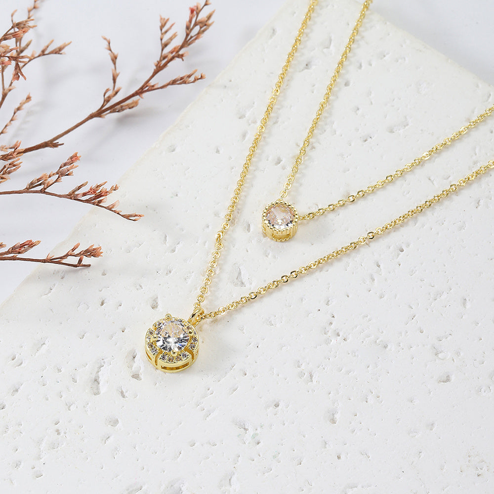 Sparkling Double-Layer Zircon Pendant Necklace – Elegant Gold & Silver Chain for Women