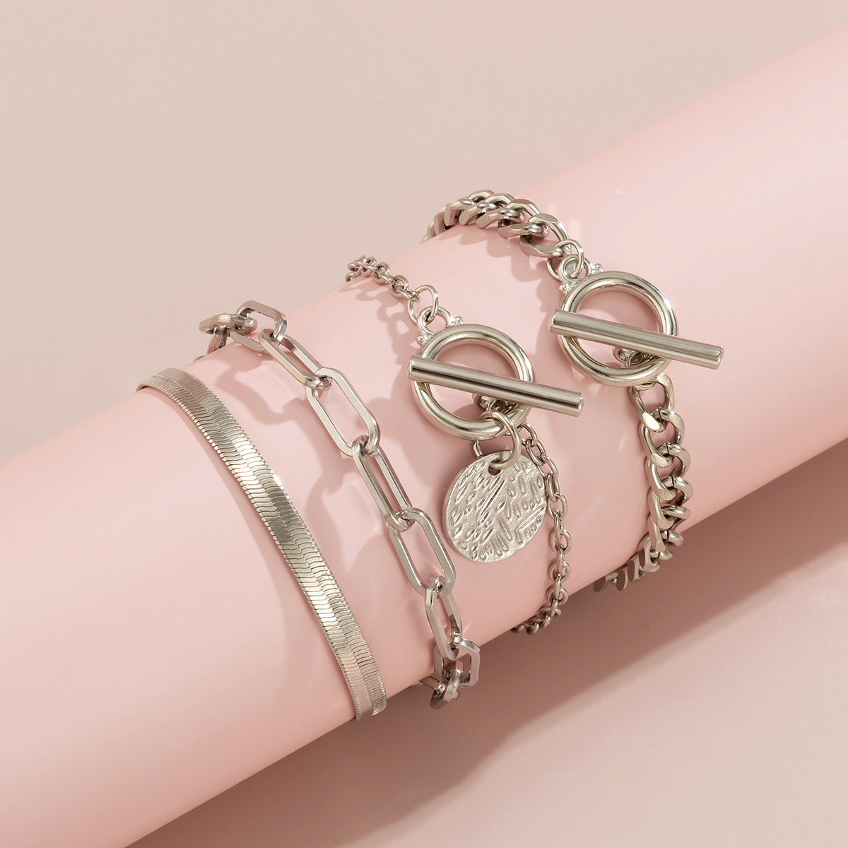 Stacked Gold & Silver Chain Bracelet Set – 4-Piece Hollow Snake Bone Design
