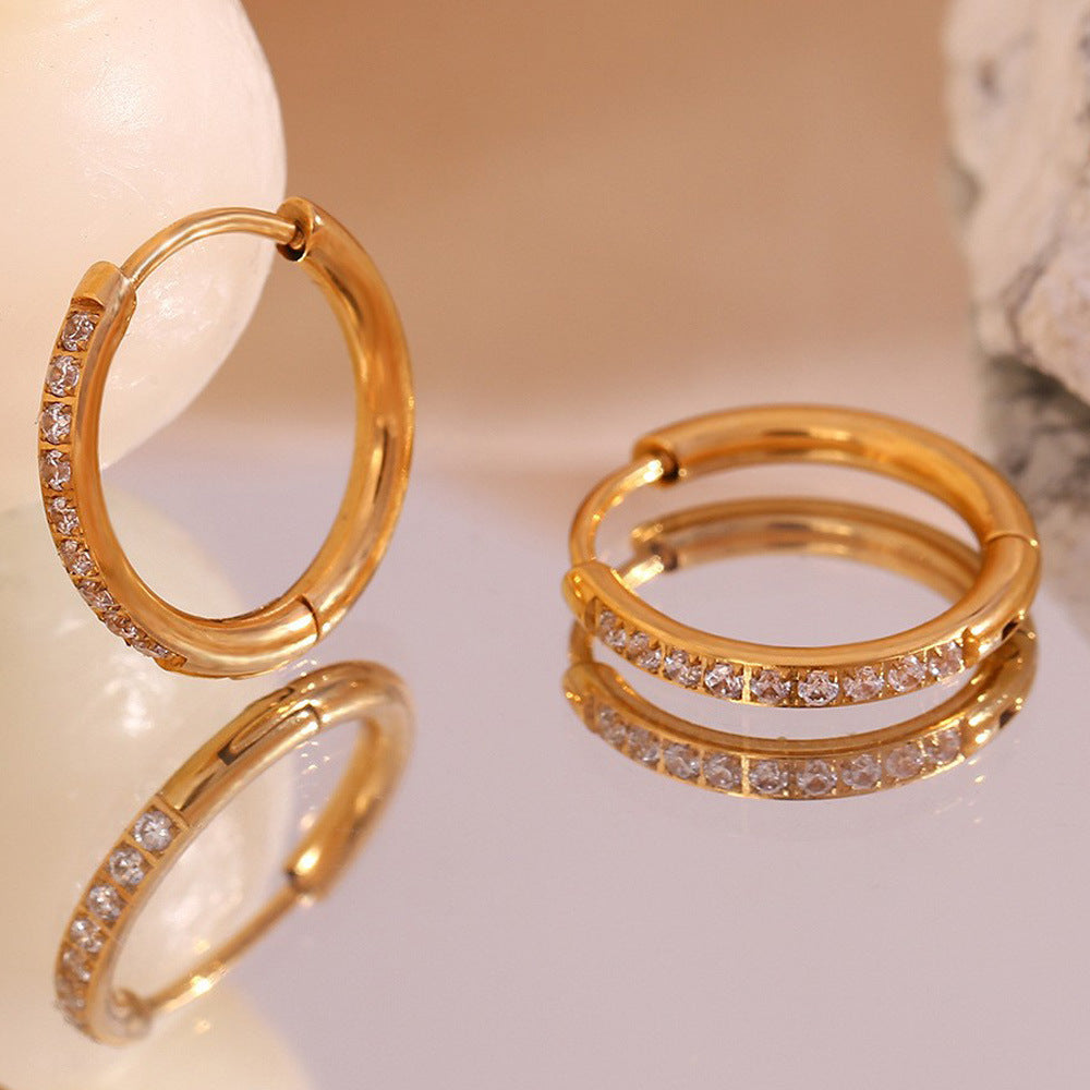 Minimalist Zircon Hoop Earrings – Stainless Steel Rounded Design for Women