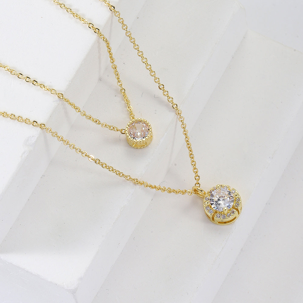 Sparkling Double-Layer Zircon Pendant Necklace – Elegant Gold & Silver Chain for Women