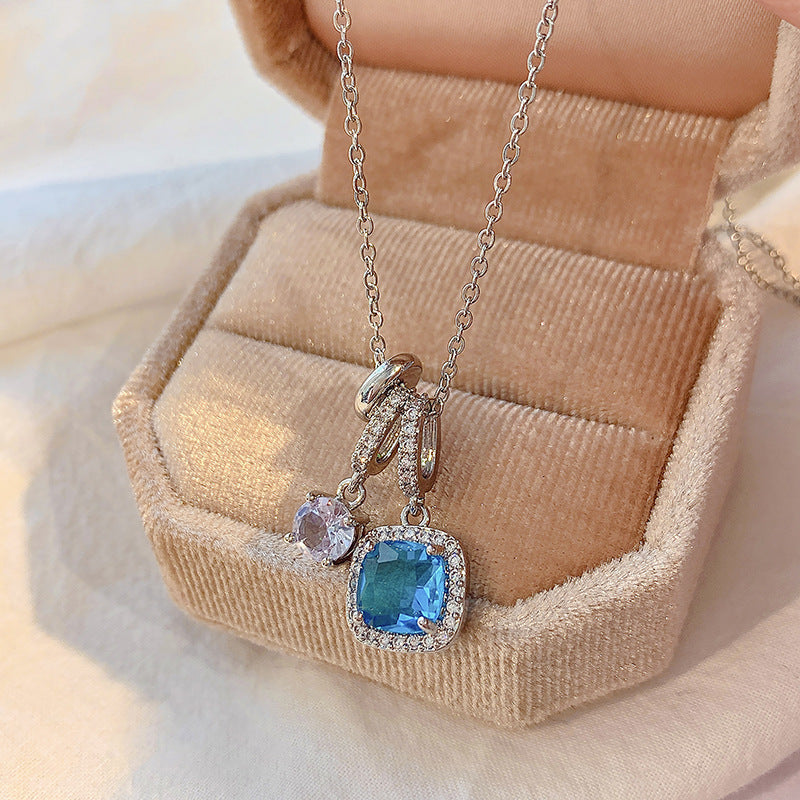 Shiny Blue Zircon Cube Pendant β Elegant Silver Clavicle Necklace for Women