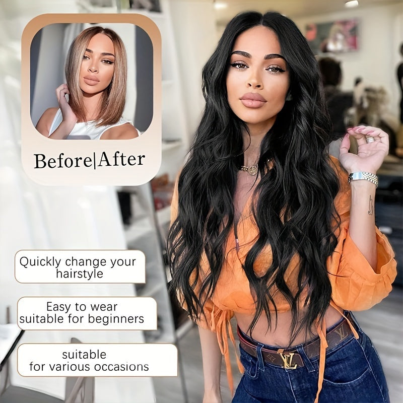 Luxury 26-Inch Long Wavy Lace Front Wig – Natural Black, Heat Resistant