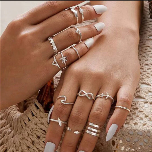 Silver Stacking Ring Set – 18-Piece Adjustable Alloy Rings (One Size)
