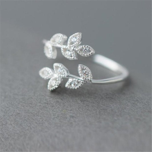 Elegant Sterling Silver Leaf Diamond Ring – Adjustable Nature-Inspired Fashion Jewelry