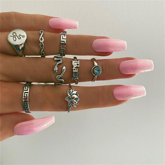 Vintage Lotus & Snake Ring Set – 8-Piece Stackable Silver Alloy Bands