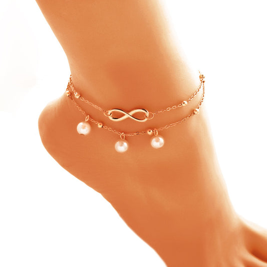 Double-Layer Pearl Anklet – Gold & Silver Drop Design