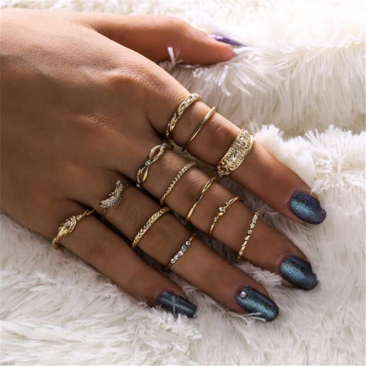 Glam 12-Piece European Ring Set – Diamond-Inspired Gold Joint Rings for Women