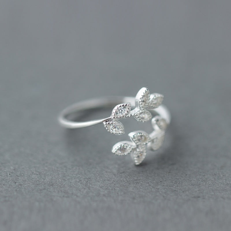 Elegant Sterling Silver Leaf Diamond Ring – Adjustable Nature-Inspired Fashion Jewelry