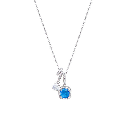 Shiny Blue Zircon Cube Pendant – Elegant Silver Clavicle Necklace for Women