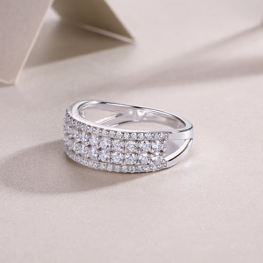 Moissanite Triple Row Band – Luxury Silver Multi-Stone Ring