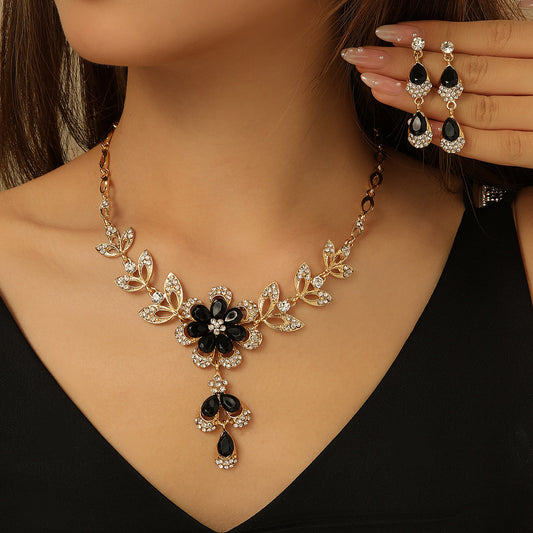 Vintage Flower Resin Necklace & Earrings Set – Black Alloy Jewelry for Women
