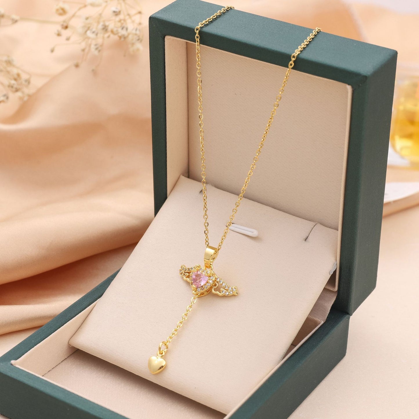 Cupid Heart Angel Wings Crystal Necklace – Romantic Gift for Her