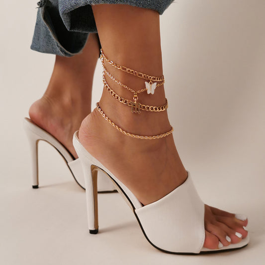 Butterfly & Letter Anklet Set – 4pcs