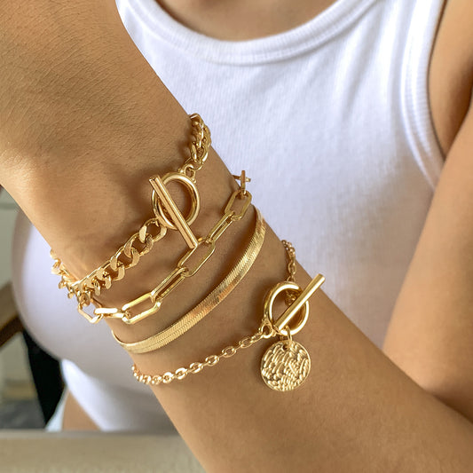 Stacked Gold & Silver Chain Bracelet Set – 4-Piece Hollow Snake Bone Design