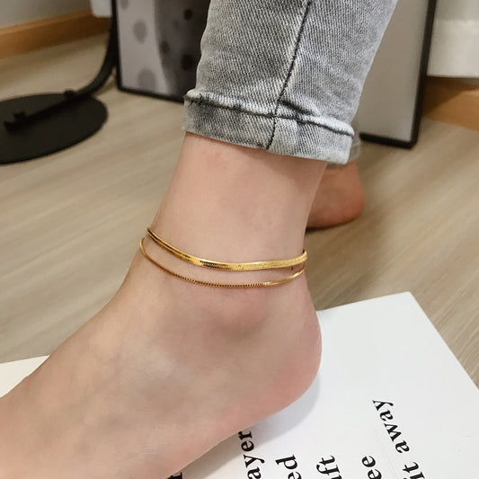 18K Gold Double Chain Anklet – Titanium Snake Bone Style